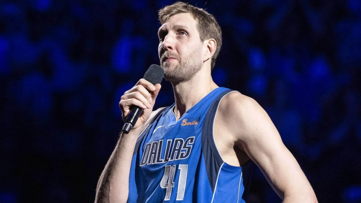 Dirk Nowitzki retirement legacy - Dallas Mavericks legend #41 giving farewell speech with microphone during retirement ceremony, representing his 21-season career blueprint for strategic retirement planning