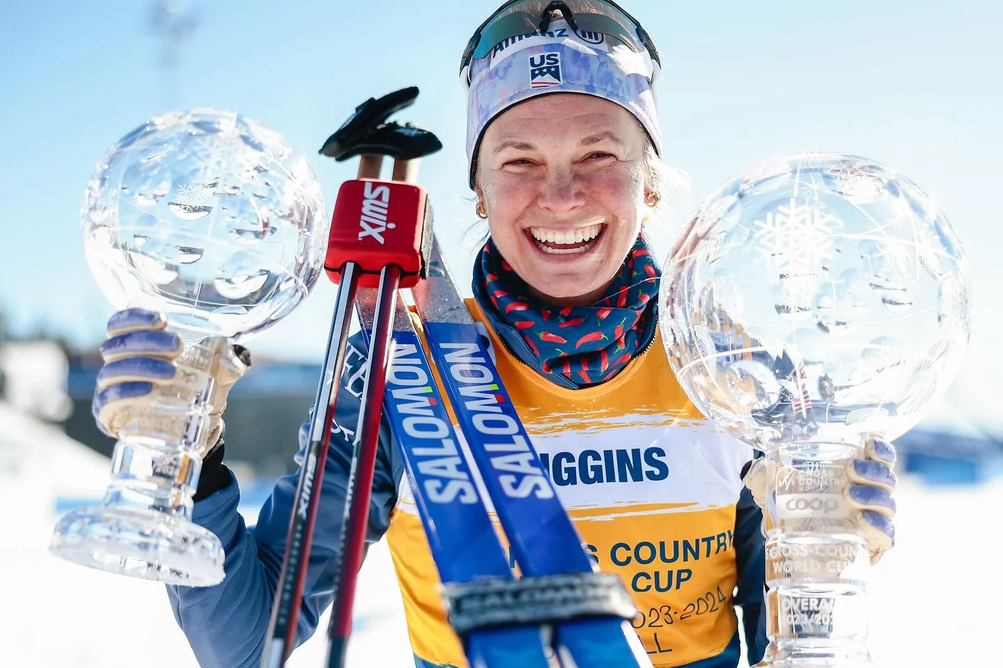 One Final Season: Jessie Diggins Announces Retirement Following the End of 2025-26 Season Jessie Diggins announces retirement - Cross-country skiing champion holding crystal globe trophies celebrating World Cup victories, representing her peak career achievements before her strategic 2025-26 retirement transition