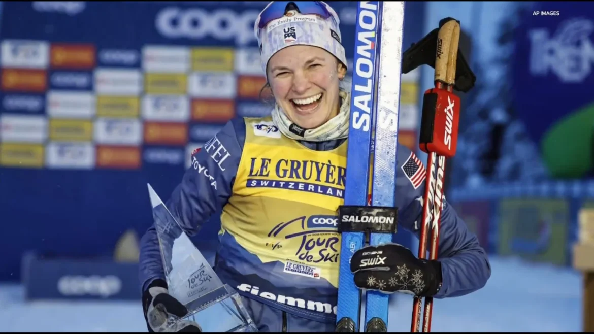 Jessie Diggins announces retirement - Olympic cross-country skiing champion celebrating victory with skis and trophy, representing her successful career before her 2025-26 season retirement transition
