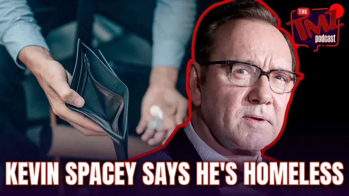 Kevin Spacey homeless financial crisis with empty wallet illustration showing actor's bankruptcy situation