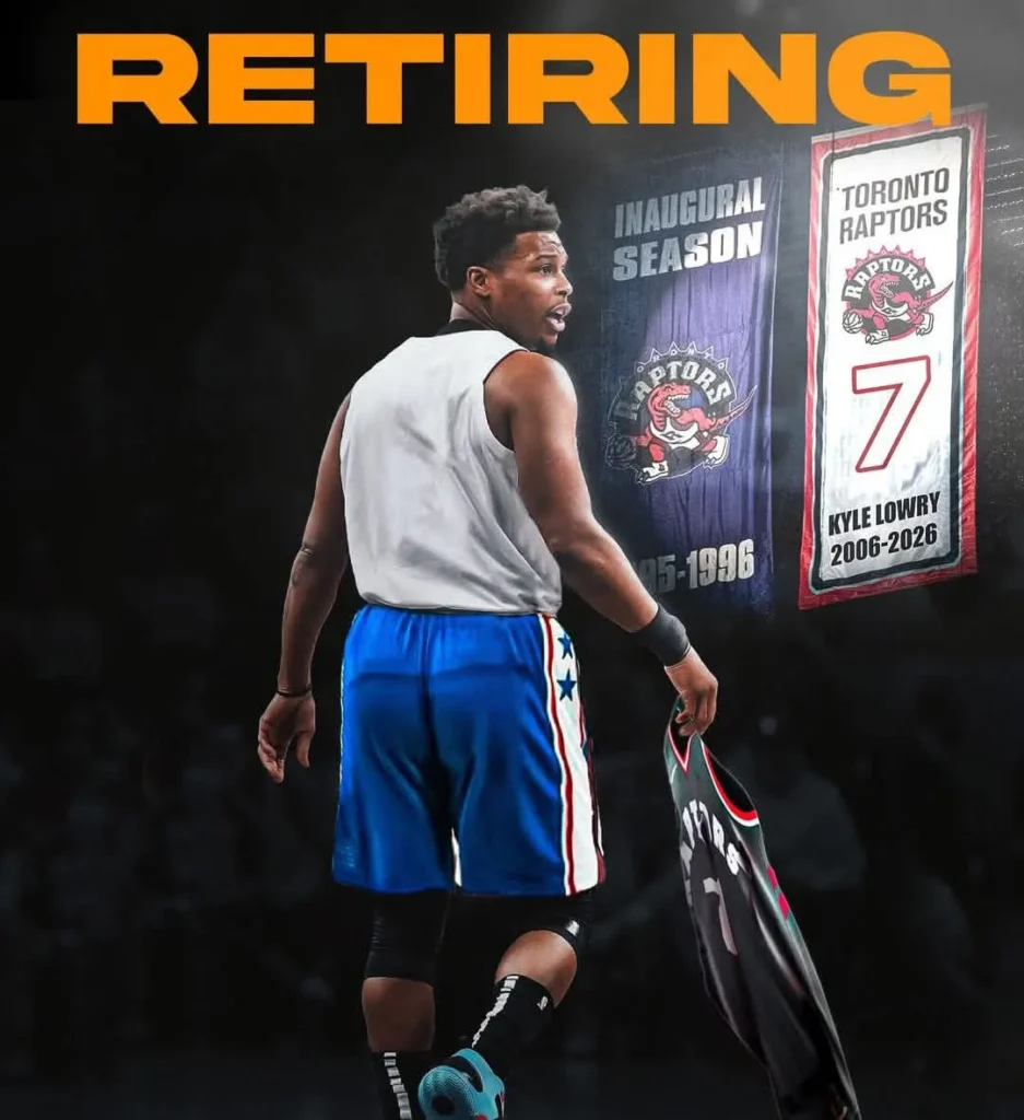 Kyle Lowry retirement news - Former Toronto Raptors point guard #7 walking away from basketball court with jersey retirement banner in background