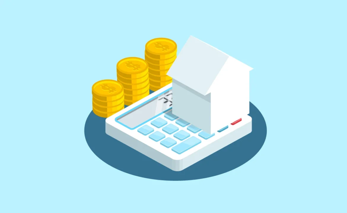 Mortgage payment calculator with gold coins and house illustration showing home financing calculations