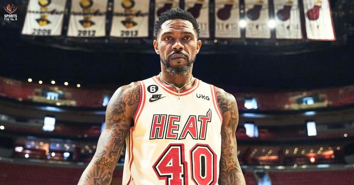 Udonis Haslem retirement tribute showing Miami Heat legend #40 jersey in arena with championship banners, representing his 20-year career and upcoming jersey retirement ceremony