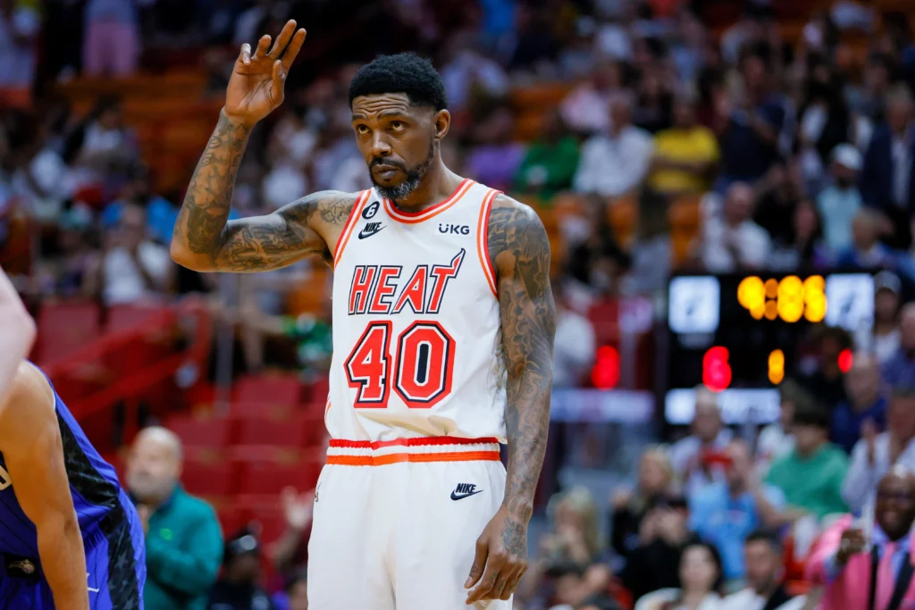 Udonis Haslem retirement moment - Miami Heat legend #40 waving to fans during his final game at home arena, concluding 20-year career before jersey retirement ceremony